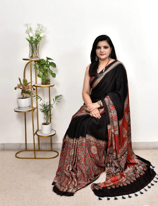 Vastree - Ajrakh Satin Silk Saree