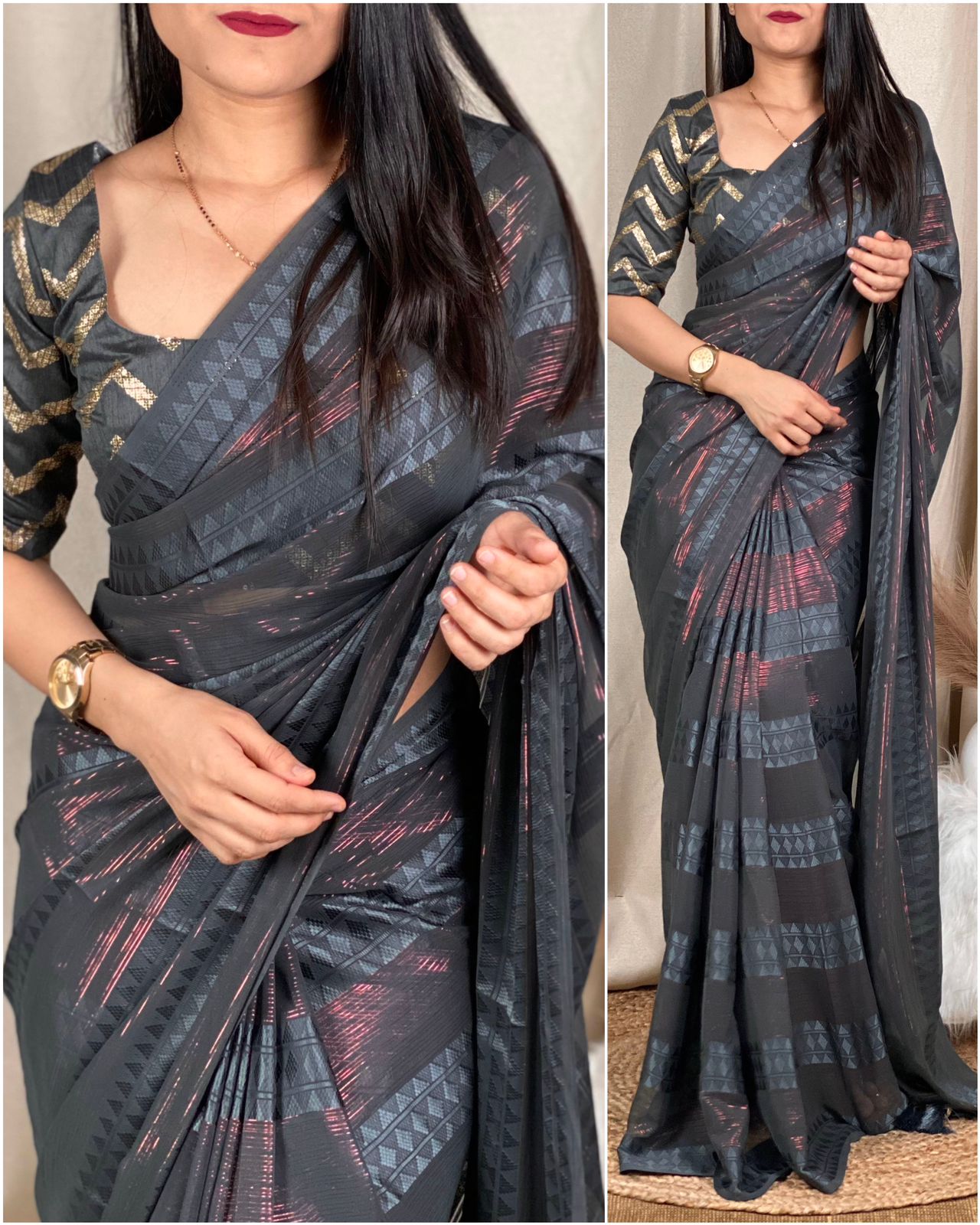 Dhruvi - Self Jacquard Pattern Georgette Saree