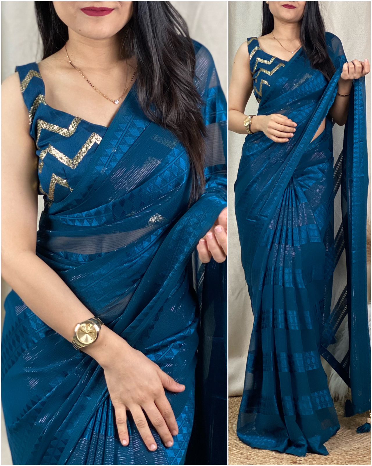 Dhruvi - Self Jacquard Pattern Georgette Saree