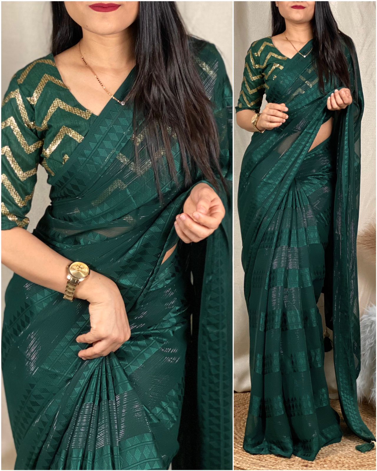 Dhruvi - Self Jacquard Pattern Georgette Saree