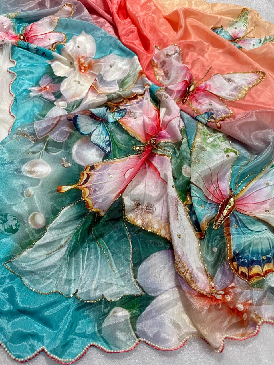 Butterfly Bloom - Malai Silk Saree