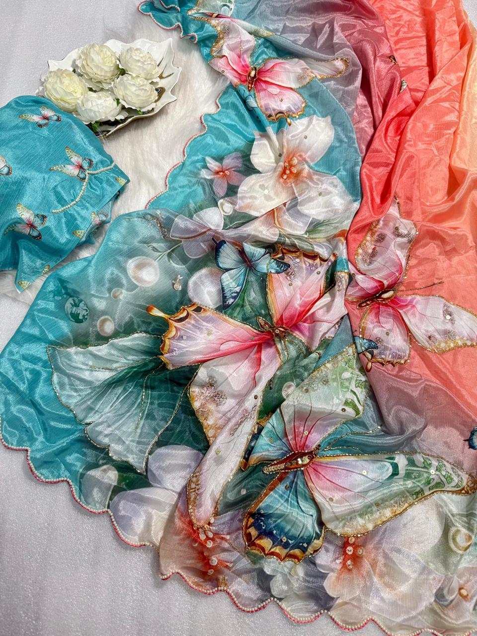 Butterfly Bloom - Malai Silk Saree