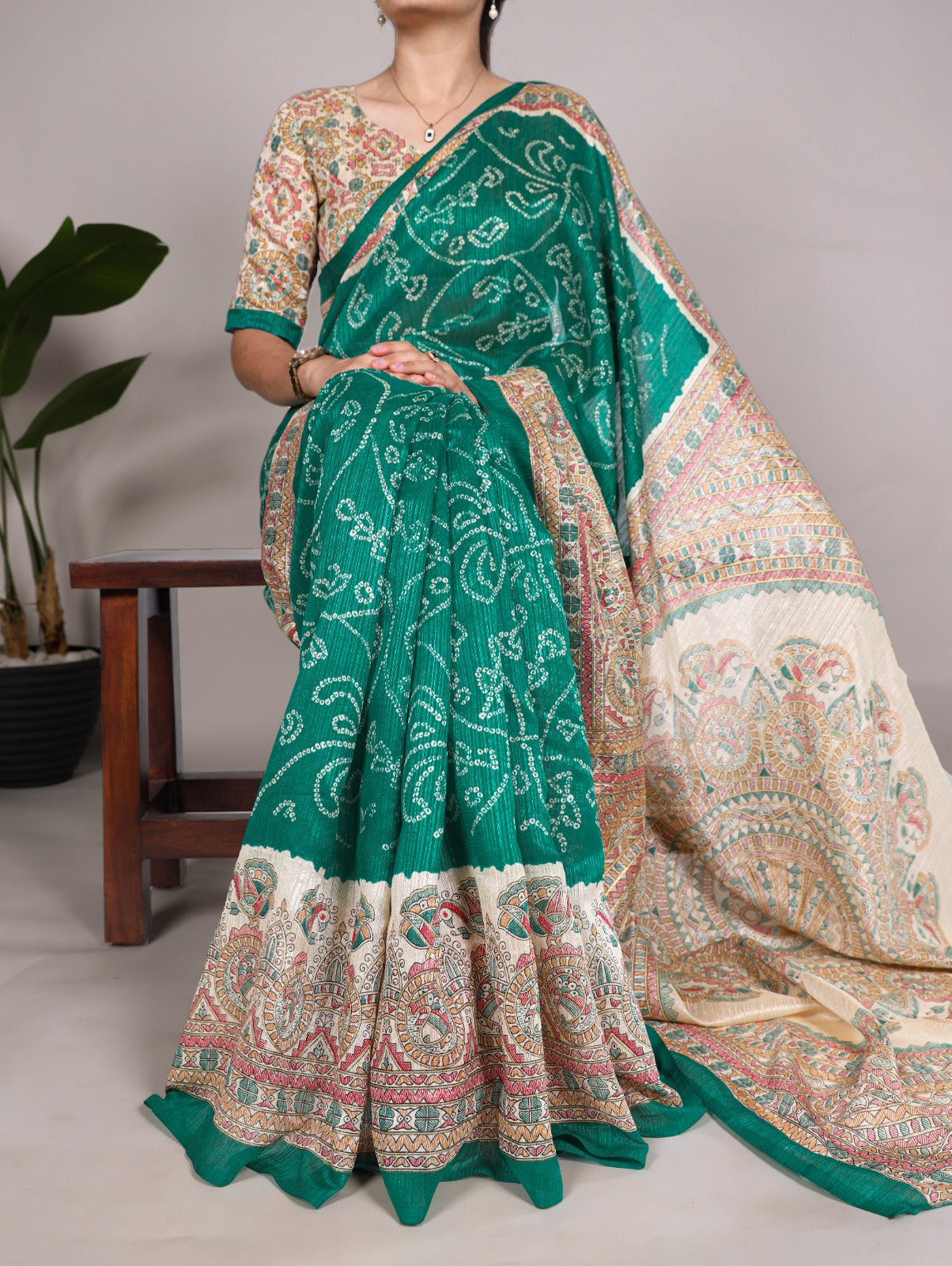 Green silk - madhubani bandhej
