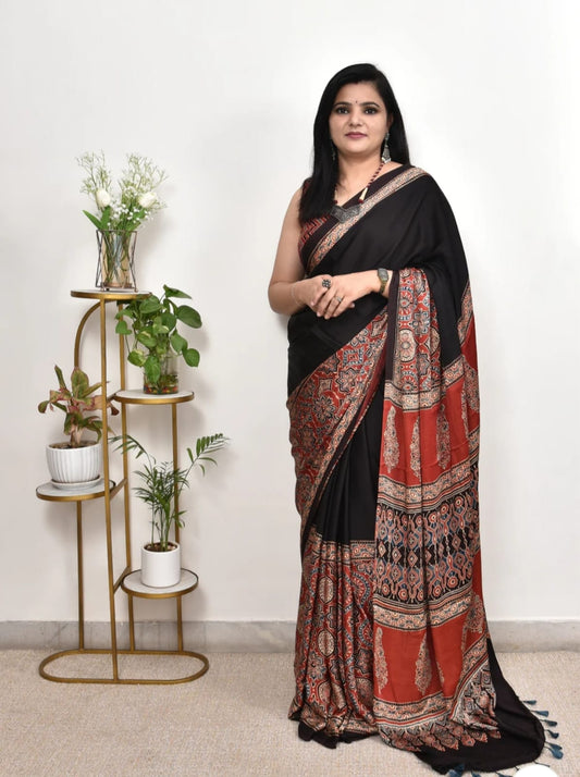 Vastree - Ajrakh Satin Silk Saree