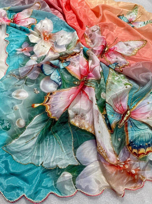 Butterfly Bloom - Malai Silk Saree