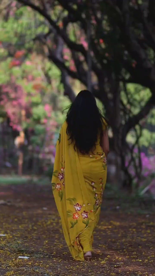 Sunny Blossom 🌼 - Georgette Saree ( hand paint pattern)