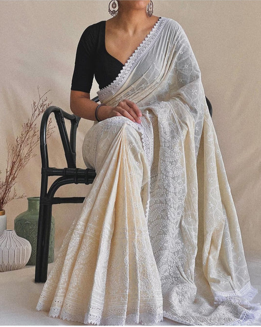 Chaand - Pure Cotton Lucknowi Chikankari Saree